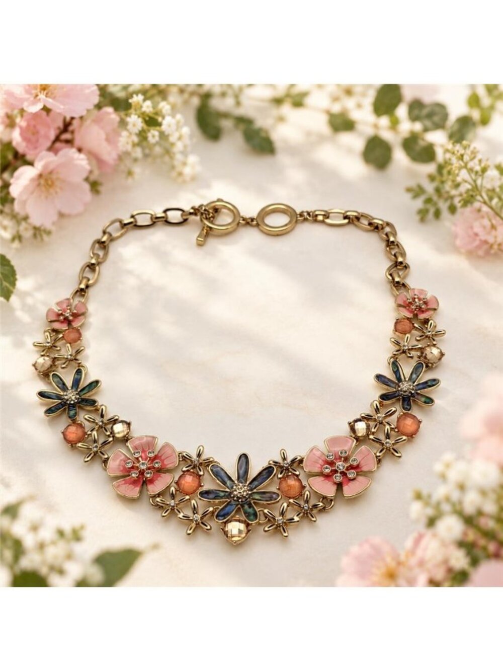Anne Klein Multicolor Enamel Flower Rhinestone Bib Necklace Gold Tone 18 In